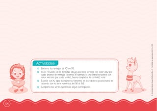 126
©
Grandes
Libros
Grupo
Editorial
S.A.C.
Prohibida
su
reproducción
D.L.
822
-
- Encierra las lentejas de 10 en 10.
-
- En el recuadro de la derecha, dibuja una línea vertical con color azul por
cada decena de lentejas (observa el ejemplo) y una línea horizontal con
color morado por cada unidad, hasta completar la cantidad total.
-
- Escribe con tu lápiz los números faltantes en los tableros posicionales de
acuerdo con la serie numérica del 91 al 95.
-
- Completa las series numéricas según corresponda.
Actividades:
 