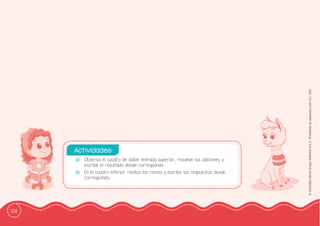 128
©
Grandes
Libros
Grupo
Editorial
S.A.C.
Prohibida
su
reproducción
D.L.
822
-
- Observa el cuadro de doble entrada superior, resuelve las adiciones y
escribe el resultado donde corresponda.
-
- En el cuadro inferior, realiza las restas y escribe las respuestas donde
corresponda.
Actividades:
 