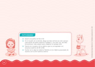 66
©
Grandes
Libros
Grupo
Editorial
S.A.C.
Prohibida
su
reproducción
D.L.
822
-
- Encierra las paltas de 10 en 10.
-
- En el recuadro de la derecha, dibuja una línea vertical con color azul por
cada decena de paltas (observa el ejemplo) y, con color rojo, una línea
horizontal por cada unidad; hasta completar la cantidad total.
-
- Colorea los recuadros de los números que no correspondan a la
secuencia numérica del 61 al 65.
-
- Escribe con tu lápiz los números faltantes en los tableros posicionales de
acuerdo con la serie numérica anterior.
Actividades:
 