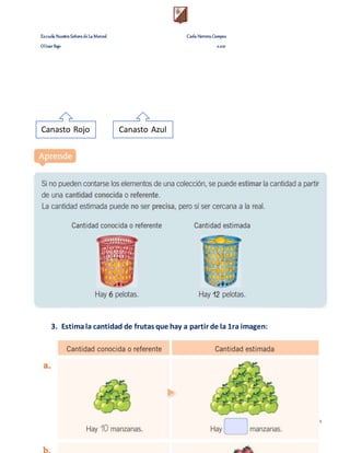 Escuela Nuestra Señora de La Merced Carla Herrera Campos
Olivar Bajo 2.021
20
3. Estimala cantidad de frutas que hay a partir de la 1ra imagen:
Canasto Rojo Canasto Azul
 