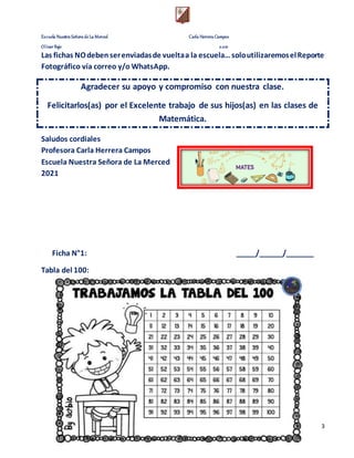 Escuela Nuestra Señora de La Merced Carla Herrera Campos
Olivar Bajo 2.021
3
Las fichas NOdebenserenviadasde vueltaa la escuela…soloutilizaremoselReporte
Fotográfico vía correo y/o WhatsApp.
Agradecer su apoyo y compromiso con nuestra clase.
Felicitarlos(as) por el Excelente trabajo de sus hijos(as) en las clases de
Matemática.
Saludos cordiales
Profesora Carla Herrera Campos
Escuela Nuestra Señora de La Merced
2021
Ficha N°1: _____/______/_______
Tabla del 100:
 
