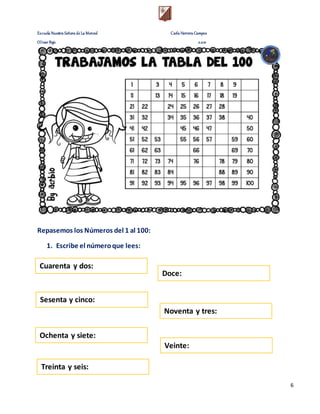 Escuela Nuestra Señora de La Merced Carla Herrera Campos
Olivar Bajo 2.021
6
Repasemos los Números del 1 al 100:
1. Escribe el númeroque lees:
Cuarenta y dos:
Doce:
Sesenta y cinco:
Noventa y tres:
Ochenta y siete:
Veinte:
Treinta y seis:
 