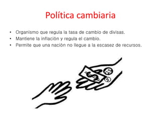 Política cambiaria 
• Organismo que regula la tasa de cambio de divisas. 
• Mantiene la inflación y regula el cambio. 
• Permite que una nación no llegue a la escasez de recursos. 
 