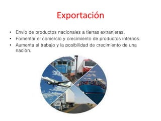 Exportación 
• Envío de productos nacionales a tierras extranjeras. 
• Fomentar el comercio y crecimiento de productos internos. 
• Aumenta el trabajo y la posibilidad de crecimiento de una 
nación. 
 