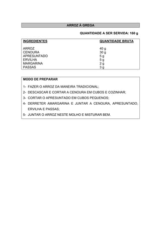 ARROZ À GREGA
QUANTIDADE A SER SERVIDA: 160 g
INGREDIENTES QUANTIDADE BRUTA
ARROZ 40 g
CENOURA 30 g
APRESUNTADO 5 g
ERVILHA 5 g
MARGARINA 2 g
PASSAS 3 g
MODO DE PREPARAR
1- FAZER O ARROZ DA MANEIRA TRADICIONAL;
2- DESCASCAR E CORTAR A CENOURA EM CUBOS E COZINHAR;
3- CORTAR O APRESUNTADO EM CUBOS PEQUENOS;
4- DERRETER AMARGARINA E JUNTAR A CENOURA, APRESUNTADO,
ERVILHA E PASSAS;
5- JUNTAR O ARROZ NESTE MOLHO E MISTURAR BEM.
 