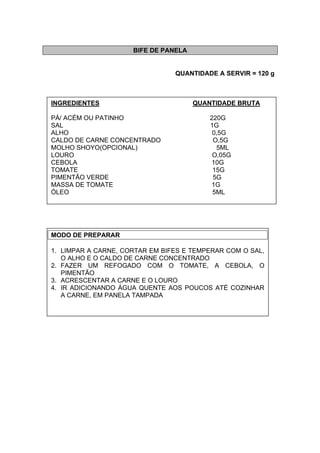 BIFE DE PANELA
QUANTIDADE A SERVIR = 120 g
INGREDIENTES QUANTIDADE BRUTA
PÁ/ ACÉM OU PATINHO 220G
SAL 1G
ALHO 0,5G
CALDO DE CARNE CONCENTRADO O,5G
MOLHO SHOYO(OPCIONAL) 5ML
LOURO O,05G
CEBOLA 10G
TOMATE 15G
PIMENTÃO VERDE 5G
MASSA DE TOMATE 1G
ÓLEO 5ML
MODO DE PREPARAR
1. LIMPAR A CARNE, CORTAR EM BIFES E TEMPERAR COM O SAL,
O ALHO E O CALDO DE CARNE CONCENTRADO
2. FAZER UM REFOGADO COM O TOMATE, A CEBOLA, O
PIMENTÃO
3. ACRESCENTAR A CARNE E O LOURO
4. IR ADICIONANDO ÁGUA QUENTE AOS POUCOS ATÉ COZINHAR
A CARNE, EM PANELA TAMPADA
 