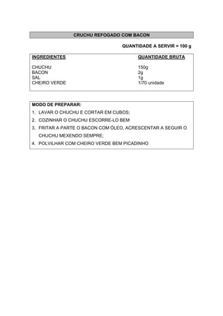CRUCHU REFOGADO COM BACON
QUANTIDADE A SERVIR = 100 g
INGREDIENTES QUANTIDADE BRUTA
CHUCHU 150g
BACON 2g
SAL 1g
CHEIRO VERDE 1/70 unidade
MODO DE PREPARAR:
1. LAVAR O CHUCHU E CORTAR EM CUBOS;
2. COZINHAR O CHUCHU ESCORRE-LO BEM
3. FRITAR A PARTE O BACON COM ÓLEO, ACRESCENTAR A SEGUIR O
CHUCHU MEXENDO SEMPRE;
4. POLVILHAR COM CHEIRO VERDE BEM PICADINHO
 