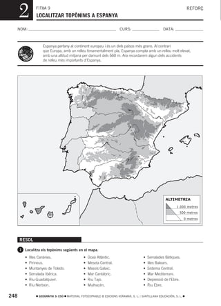 2         FITXA 9
                 LOCALITZAR TOPÒNIMS A ESPANYA
                                                                                                                      REFORÇ



  NOM:                                                                  CURS:                        DATA:



                    Espanya pertany al continent europeu i és un dels països més grans. Al contrari
                    que Europa, amb un relleu fonamentalment pla, Espanya compta amb un relleu molt elevat,
                    amb una altitud mitjana per damunt dels 660 m. Ara recordarem algun dels accidents
                    de relleu més importants d’Espanya.




                                                                                                      ALTIMETRIA

                                                                                                              1.000 metres
                                                                                                                500 metres
                                                                                                                     0 metres




      RESOL

      1 Localitza els topònims següents en el mapa.

         •   Illes Canàries.                    •   Oceà Atlàntic.                      •   Serralades Bètiques.
         •   Pirineus.                          •   Meseta Central.                     •   Illes Balears.
         •   Muntanyes de Toledo.               •   Massís Galaic.                      •   Sistema Central.
         •   Serralada Ibèrica.                 •   Mar Cantàbric.                      •   Mar Mediterrani.
         •   Riu Guadalquivir.                  •   Riu Tajo.                           •   Depressió de l’Ebre.
         •   Riu Nerbion.                       •   Mulhacén.                           •   Riu Ebre.

248               GEOGRAFIA 3r ESO   MATERIAL FOTOCOPIABLE © EDICIONS VORAMAR, S. L. / SANTILLANA EDUCACIÓN, S. L.
 