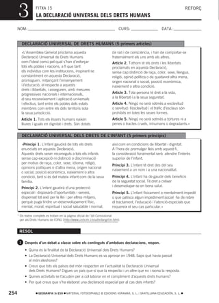 3         FITXA 15
                 LA DECLARACIÓ UNIVERSAL DELS DRETS HUMANS
                                                                                                                          REFORÇ



  NOM:                                                                    CURS:                        DATA:


       DECLARACIÓ UNIVERSAL DE DRETS HUMANS (5 primers articles)
       «L’Assemblea General proclama aquesta                         de raó i de consciència, i han de comportar-se
       Declaració Universal de Drets Humans                          fraternalment els uns amb els altres.
       com l’ideal comú pel qual s’han d’esforçar                    Article 2. Tothom té els drets i les llibertats
       tots els pobles i nacions, a fi que tant                      proclamats en aquesta Declaració,
       els individus com les institucions, inspirant-se              sense cap distinció de raça, color, sexe, llengua,
       constantment en aquesta Declaració,                           religió, opinió política o de qualsevol altra mena,
       promoguen, mitjançant l’ensenyament                           origen nacional o social, posició econòmica,
       i l’educació, el respecte a aquests                           naixement o altra condició.
       drets i llibertats, i asseguren, amb mesures
       progressives nacionals i internacionals,                      Article 3. Tota persona té dret a la vida,
       el seu reconeixement i aplicació universals                   a la llibertat i a la seua seguretat.
       i efectius, tant entre els pobles dels estats                 Article 4. Ningú no serà sotmés a esclavitud
       membres com entre els dels territoris sota                    o servitud: l’esclavitud i el tràfic d’esclaus són
       la seua jurisdicció.                                          prohibits en totes les seues formes.
       Article 1. Tots els éssers humans naixen                      Article 5. Ningú no serà sotmés a tortures ni a
       lliures i iguals en dignitat i drets. Són dotats              penes o tractes cruels, inhumans o degradants.»


       DECLARACIÓ UNIVERSAL DELS DRETS DE L’INFANT (5 primers principis)
       «Principi 1. L’infant gaudirà de tots els drets               així com en condicions de llibertat i dignitat.
       enunciats en aquesta Declaració.                              A l’hora de promulgar lleis amb aquest fi,
       Aquests drets seran reconeguts a tots els infants             la consideració fonamental serà atendre l’interés
       sense cap excepció ni distinció o discriminació               superior de l’infant.
       per motius de raça, color, sexe, idioma, religió,
                                                                     Principi 3. L’infant té dret des del seu
       opinions polítiques o d’altra mena, origen nacional
                                                                     naixement a un nom i a una nacionalitat.
       o social, posició econòmica, naixement o altra
       condició, tant si és del mateix infant com de la seua         Principi 4. L’infant ha de gaudir dels beneficis
       família.                                                      de la seguretat social. Té dret a créixer
                                                                     i desenvolupar-se en bona salut.
       Principi 2. L’infant gaudirà d’una protecció
       especial i disposarà d’oportunitats i serveis,                Principi 5. L’infant físicament o mentalment impedit
       dispensat tot això per la llei i per altres mitjans,          o que patisca algun impediment social ha de rebre
       perquè puga tindre un desenvolupament físic,                  el tractament, l’educació i l’atenció especials que
       mental, moral, espiritual i social saludable i normal,        requereix el seu cas particular.»

  * Els textos complets es troben en la pàgina oficial de l’Alt Comissionat
    per als Drets Humans de l’ONU (http://www.unhchr.ch/udhr/lang/cln.htm).


      RESOL

      1 Després d’un debat a classe sobre els continguts d’ambdues declaracions, respon.

         • Quina és la finalitat de la Declaració Universal dels Drets Humans?
         • La Declaració Universal dels Drets Humans es va aprovar en 1948. Saps què havia passat
           al món aleshores?
         • Creus que tots els països del món respecten en l’actualitat la Declaració Universal
           dels Drets Humans? Digues un país que sí que la respecta i un altre que no i raona la resposta.
         • Quines activitats se t’acuden per a col·laborar en el compliment d’aquests drets humans?
         • Per què creus que s’ha elaborat una declaració especial per al cas dels infants?

254               GEOGRAFIA 3r ESO    MATERIAL FOTOCOPIABLE © EDICIONS VORAMAR, S. L. / SANTILLANA EDUCACIÓN, S. L.
 