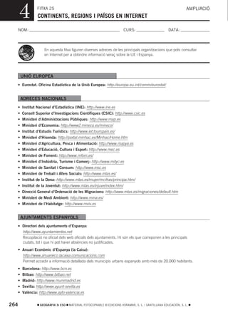 4          FITXA 25
                  CONTINENTS, REGIONS I PAÏSOS EN INTERNET
                                                                                                                  AMPLIACIÓ



  NOM:                                                                   CURS:                        DATA:



                      En aquesta fitxa figuren diverses adreces de les principals organitzacions que pots consultar
                      en Internet per a obtindre informació veraç sobre la UE i Espanya.




       UNIÓ EUROPEA
      • Eurostat. Oficina Estadística de la Unió Europea: http://europa.eu.int/comm/eurostat/


       ADRECES NACIONALS
      • Institut Nacional d’Estadística (INE): http://www.ine.es
      • Consell Superior d’Investigacions Científiques (CSIC): http://www.csic.es
      • Ministeri d’Administracions Públiques: http://www.map.es
      • Ministeri d’Economia: http://www2.mineco.es/mineco/
      • Institut d’Estudis Turístics: http://www.iet.tourspain.es/
      • Ministeri d’Hisenda: http://portal.minhac.es/Minhac/Home.htm
      • Ministeri d’Agricultura, Pesca i Alimentació: http://www.mapya.es
      • Ministeri d’Educació, Cultura i Esport: http://www.mec.es
      • Ministeri de Foment: http://www.mfom.es/
      • Ministeri d’Indústria, Turisme i Comerç: http://www.mityc.es
      • Ministeri de Sanitat i Consum: http://www.msc.es
      • Ministeri de Treball i Afers Socials: http://www.mtas.es/
      • Institut de la Dona: http://www.mtas.es/mujer/mcifras/principa.htm/
      • Institut de la Joventut: http://www.mtas.es/injuve/index.htm/
      • Direcció General d’Ordenació de les Migracions: http://www.mtas.es/migraciones/default.htm
      • Ministeri de Medi Ambient: http://www.mma.es/
      • Ministeri de l’Habitatge: http://www.mviv.es


       AJUNTAMENTS ESPANYOLS
      • Directori dels ajuntaments d’Espanya:
        http://www.ayuntamientos.net
        Recopilació no oficial dels web oficials dels ajuntaments. Hi són els que correponen a les principals
        ciutats, tot i que hi pot haver absències no justificades.
      • Anuari Econòmic d’Espanya (la Caixa):
        http://www.anuarieco.lacaixa.comunicacions.com
        Permet accedir a informació detallada dels municipis urbans espanyols amb més de 20.000 habitants.
      • Barcelona: http://www.bcn.es
      • Bilbao: http://www.bilbao.net
      • Madrid: http://www.munimadrid.es
      • Sevilla: http://www.ayunt-sevilla.es
      • València: http://www.ayto-valencia.es


264                GEOGRAFIA 3r ESO   MATERIAL FOTOCOPIABLE © EDICIONS VORAMAR, S. L. / SANTILLANA EDUCACIÓN, S. L.
 