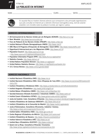 7           FITXA 46
            LA POBLACIÓ EN INTERNET
                                                                                                            AMPLIACIÓ



NOM:                                                               CURS:                        DATA:



                En aquesta fitxa es mostren diverses adreces que corresponen a les principals organitzacions
                que pots consultar en Internet per a obtindre informació demogràfica veraç, tant de caràcter
                estadístic com d’anàlisi sobre la població mundial, per regions i països.




                                                                                                                        REFORÇ I AMPLIACIÓ
    ADRECES INTERNACIONALS
•   Alt Comissariat de les Nacions Unides per als Refugiats (ACNUR): http://ww.acnur.org
•   Banc Mundial: http://www.bancomundial.org
•   Fons de Població de les Nacions Unides (FNUAP): http://www.unfpa.org
•   Institut National d’Études Demographiques (INED): http://www.ined.fr
•   ORC Macro El Programa d’Enquestes de Demografia i Salut (DHS): http://www.measuredhs.com
•   Organització Internacional per a les Migracions (OIM): http://www.iom.int
•   Population Council: http://www.popcouncil.org
    i http://www.popcouncil.org/espanol/espanol.html
•   Population Information Program (PIP): http://www.jhuccp.org/popline/
•   Statistics Canada: http://www.statcan.ca
•   United Nations Population Division: http://www.un.org/popin/
•   United Nations Statistics Division: http://www.un.org/Depts/unsd/statdiv.htm
•   U.S. Census Bureau: http://www.census.gov/ipc/www/



    ADRECES NACIONALS
• Institut Nacional d’Estadística (INE): http://www.ine.es
• Institut Nacional d’Estadística (INE). Cens d’Espanya de l’any 2001: http://www.ine.es/censo2001/pobcen01
  menu.htm
• Institut d’Estadística d’Andalusia (IEA): http://www.juntadeandalucia.es/institutodeestadistica
• Institut Aragonés d’Estadística: http://www.portal.aragob.es/
• Institut Balear d’Estadística (IBAE): http://www.caib.es/ibae/ibae.htm
• Societat Asturiana d’Estudis Econòmics i Industrials (SADEI): http://www.sadei.es/
• Institut Canari d’Estadística (ISTAC): http://www.gobiernodecanarias.org/istac/
• Junta de Castella i Lleó. Conselleria d’Hisenda: http://www.jcyl.es/jcyl-client/jcyl/ch/dge/temas/inicio
• Institut d’Estadística de Catalunya (IDESCAT): http://www.idescat.es/
• Institut d’Estadística de la Comunitat de Madrid: http://www.madrid.org/iestadis/
• Junta d’Extremadura. Conselleria d’Economia, Indústria i Comerç:
  http://www.juntaex.es/consejerias/eic/home.html
• Institut Gallec d’Estadística (IGE): http://www.ige.xunta.es/
• Centre Regional d’Estadística de Múrcia: http://www.carm.es/econet/
• Institut d’Estadística de Navarra: http://www.cfnavarra.es/estadistica/
• Institut Valencià d’Estadística (IVE): http://www.ive.es/
• Institut Basc d’Estadística (EUSTAT): http://www.eustat.es/
• Govern de La Rioja. Conselleria d’Hisenda i Economia:
  http://www.larioja.org/web/centrales/economia/estadisticas.htm


             GEOGRAFIA 3r ESO   MATERIAL FOTOCOPIABLE © EDICIONS VORAMAR, S. L. / SANTILLANA EDUCACIÓN, S. L.       285
 