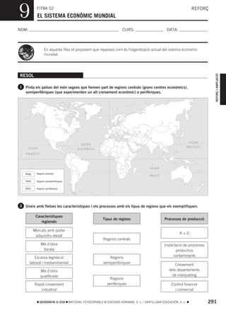 9           FITXA 52
            EL SISTEMA ECONÒMIC MUNDIAL
                                                                                                                         REFORÇ



NOM:                                                                      CURS:                        DATA:



                  En aquesta fitxa et proposem que repasses com és l’organització actual del sistema econòmic
                  mundial.




                                                                                                                                   REFORÇ I AMPLIACIÓ
RESOL

1 Pinta els països del món segons que formen part de regions centrals (grans centres econòmics),
   semiperifèriques (que experimenten un alt creixement econòmic) o perifèriques.




                                                                                                                        OCEÀ
                                               OCEÀ
                                                                                                                       PACÍFIC
       OCEÀ                                  ATLÀNTIC
   PACÍFIC




                                                                                            OCEÀ

   Roig     Regions centrals
                                                                                           ÍNDIC

   Verd     Regions semiperifèriques


   Groc     Regions perifèriques




2 Uneix amb fletxes les característiques i els processos amb els tipus de regions que els exemplifiquen.

           Característiques
                                                             Tipus de regions                        Processos de producció
              regionals

          Mercats amb poder
                                                                                                               R+D
           adquisitiu elevat
                                                             Regions centrals
               Mà d’obra                                                                             Instal·lació de processos
                barata                                                                                       productius
          Escassa legislació                                    Regions                                    contaminants
       laboral i mediambiental                               semiperifèriques                               Creixement
               Mà d’obra                                                                                dels departaments
               qualificada                                                                                de màrqueting
                                                                 Regions
          Ràpid creixement                                      perifèriques                              Control financer
             industrial                                                                                     i comercial


              GEOGRAFIA 3r ESO         MATERIAL FOTOCOPIABLE © EDICIONS VORAMAR, S. L. / SANTILLANA EDUCACIÓN, S. L.             291
 