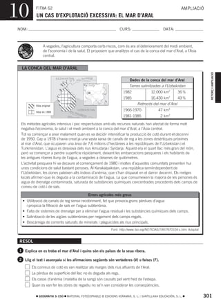 10         FITXA 62
           UN CAS D’EXPLOTACIÓ EXCESSIVA: EL MAR D’ARAL
                                                                                                               AMPLIACIÓ



NOM:                                                                 CURS:                         DATA:



                 A vegades, l’agricultura comporta certs riscos, com és ara el deteriorament del medi ambient,
                 de l’economia i de la salut. Et proposem que analitzes el cas de la conca del mar d’Aral, a l’Àsia
                 central.


  LA CONCA DEL MAR D’ARAL




                                                                                                                                 REFORÇ I AMPLIACIÓ
                           KAZAKHSTAN          Syrdarja
                                         Riu                                Dades de la conca del mar d’Aral
                                                                            Terres salinitzades a l’Uzbekistan
                                                                        1982               12.000 km2        36 %
                                 Mar                                    1985               16.430 km2        43 %
           Riba original
                                d’Aral                                           Retrocés del mar d’Aral
           Riba en 1989           Riu
                                          UZBEKISTAN                    1966-1970               47 km3
                                        Amu
                                            darj
                                                 a                      1981-1985                2 km3

  Els mètodes agrícoles intensius i poc respectuosos amb els recursos naturals han afectat de forma molt
  negativa l’economia, la salut i el medi ambient a la conca del mar d’Aral, a l’Àsia central.
  Tot va començar a anar malament quan es va decidir intensificar la producció de cotó durant el decenni
  de 1950. Cap a 1978 s’havia creat ja una vasta xarxa de canals de reg a les zones desèrtiques pròximes
  al mar d’Aral, que ocupaven una àrea de 7,6 milions d’hectàrees a les repúbliques de l’Uzbekistan i el
  Turkmenistan. L’aigua es desviava dels rius Amudarja i Syrdarja. Aquest era el quart llac més gran del món,
  però va començar a perdre superfície ràpidament, deixant les embarcacions pesqueres i els habitants de
  les antigues riberes lluny de l’aigua, a vegades a desenes de quilòmetres.
  L’activitat pesquera hi va decaure al començament de 1980 i moltes d’aquestes comunitats presenten hui
  unes condicions de salut bastant penoses. Al Karakalpakstan, una república semiindependent de
  l’Uzbekistan, les dones pateixen alts índexs d’anèmia, que s’han disparat en el darrer decenni. Els metges
  locals afirmen que és deguda a la contaminació de l’aigua. La que consumeixen la majoria de les persones és
  aigua de drenatge contaminada, saturada de substàncies químiques concentrades procedents dels camps de
  conreu de cotó i de sals.

                                                   Errors agrícoles més greus
   • Utilització de canals de reg sense recobriment, fet que provoca grans pèrdues d’aigua
     i propicia la filtració de sals en l’aigua subterrània.
   • Falta de sistemes de drenatge per a eliminar l’aigua residual i les substàncies químiques dels camps.
   • Salinització de les aigües subterrànies per negament dels camps regats.
   • Descàrrega de corrents saturats de minerals i plaguicides als rius principals.
                                                                Font: http://www.fao.org/NOTICIAS/1997/970104-s.htm. Adaptat


 RESOL

 1 Explica on es troba el mar d’Aral i quins són els països de la seua ribera.

 2 Llig el text i assenyala si les afirmacions següents són vertaderes (V) o falses (F).

        Els conreus de cotó es van realitzar als marges dels rius afluents de l’Aral.
        La pèrdua de superfície del llac no és deguda als regs.
        Els casos d’anèmia (malaltia de la sang) són causats pel vent fred de l’estepa.
        Quan es van fer les obres de regadiu no se’n van considerar les conseqüències.

             GEOGRAFIA 3r ESO    MATERIAL FOTOCOPIABLE © EDICIONS VORAMAR, S. L. / SANTILLANA EDUCACIÓN, S. L.                 301
 