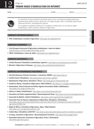 12         FITXA 70
           TROBAR DADES D’AGRICULTURA EN INTERNET
                                                                                                            AMPLIACIÓ



NOM:                                                               CURS:                        DATA:



               En Internet hi ha documentació abundant sobre el món rural. Buscar aquesta informació
               requereix estar atents, perquè, igual que hi ha dades de gran valor, és possible trobar també
               informació errònia i interpretacions parcials.
               En la següent recopilació d’adreces hi ha pàgines d’interés per a la consulta de dades
               estadístiques i altres qüestions relatives a l’agricultura.




                                                                                                                        REFORÇ I AMPLIACIÓ
 ADRECES INTERNACIONALS
• FAO. Estadístiques mundials d’agricultura: http://apps.fao.org/default.htm


 ADRECES EUROPEES
• Unió Europea-Comissariat d’Agricultura (estadístiques i bases de dades):
  http://europa.eu.int/comm/agriculture/index_es.htm
• OECD. Estadístiques i bases de dades: http://www.oecd.org/department/


 ADRECES NACIONALS
• Institut Nacional d’Estadística (estadístiques agràries): http://www.ine.es/inebase/menu4.htm#19
• Ministeri d’Agricultura d’Espanya: http://www.mapa.es/estadistica/infoestad.html



 ADRECES AUTONÒMIQUES NACIONALS
• Societat Asturiana d’Estudis Econòmics i Industrials (SADEI): http://www.sadei.es/
• Institut Canari d’Estadística: http://www.gobiernodecanarias.org/istac/
• Departament d’Agricultura, Ramaderia i Pesca: http://www.gencat.net/darp/index.htm
• Castella-la Manxa, Conselleria d’Agricultura i Medi Ambient: http://www.jccm.es/agricul/cifras/index.htm
• Extremadura, Direcció General de Política Agrària Comunitària (dades estadístiques):
  http://www.bme.es/agricul/index.html
• Galícia en Dades (estadístiques): http://www.xunta.es/xeral/cifras/index.htm
• Conselleria de Política Agroalimentària i Desenvolupament Rural: http://www.xunta.es/conselle/ag/index.htm
• Comunitat de Madrid, Institut d’Estadística: http://www.madrid.org/iestadis/sectorag03.htm
• Comunitat Foral de Navarra, Departament d’Agricultura, Ramaderia i Alimentació:
  http://www.navarra.es/nr/navarra/asp/redirect.asp?sUrl=http%3A%2F%2Fwww%2Ecfnavarra%2Ees%2F
  agricultura%2F&f=True
• Regió de Múrcia, Conselleria d’Agricultura, Aigua i Medi Ambient:
  http://www.carm.es/cagr/cida/indexsiam.html
• Institut Basc d’Estadística (EUSTAT): http://www.eustat.es/estad/temalista.asp?tema=51&idioma=c&opt=0
• La Rioja, Conselleria d’Agricultura i Desenvolupament Econòmic: http://www.larioja.org/agricultura
• Generalitat Valenciana, Conselleria d’Agricultura, Pesca i Alimentació:
  http://www.agricultura.gva.es


             GEOGRAFIA 3r ESO   MATERIAL FOTOCOPIABLE © EDICIONS VORAMAR, S. L. / SANTILLANA EDUCACIÓN, S. L.       309
 