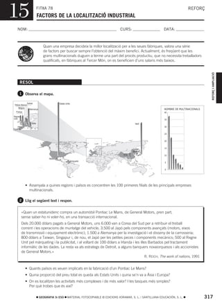 15                            FITXA 78
                              FACTORS DE LA LOCALITZACIÓ INDUSTRIAL
                                                                                                                                     REFORÇ



   NOM:                                                                                 CURS:                        DATA:



                                 Quan una empresa decideix la millor localització per a les seues fàbriques, valora una sèrie
                                 de factors per buscar sempre l’obtenció del màxim benefici. Actualment, és freqüent que les
                                 grans multinacionals duguen a terme una part del procés productiu, que no necessita treballadors
                                 qualificats, en fàbriques al Tercer Món, on es beneficien d’uns salaris més baixos.




                                                                                                                                                  REFORÇ I AMPLIACIÓ
        RESOL

     1 Observa el mapa.

                 Suïssa                      Estats Units
 Països Baixos
     Bélgica
                   Alemanya                                                                                          NOMBRE DE MULTINACIONALS
  França                                                                                                             40
Regne
Unit                                                                                                                 35
                     Itàlia                                                                        Japó
                                                                                                                     30
Espanya

                                                                                                                     25


                                                                                                                     20


                                                                                                 Corea               15
                                                                                                 del Sud
                                                                                          Xina                       10
                                     Mèxic
                                                        Veneçuela
                                                                                                                      5


                                                                                                                      0




            • Assenyala a quines regions i països es concentren les 100 primeres filials de les principals empreses
              multinacionals.

     2 Llig el següent text i respon.


          «Quan un estatunidenc compra un automòbil Pontiac Le Mans, de General Motors, pren part,
          sense saber-ho ni voler-ho, en una transacció internacional.
          Dels 20.000 dòlars pagats a General Motors, uns 6.000 van a Corea del Sud per a retribuir el treball
          corrent i les operacions de muntatge del vehicle; 3.500 al Japó pels components avançats (motors, eixos
          de transmissió i equipament electrònic); 1.500 a Alemanya per la investigació i el disseny de la carrosseria;
          800 dòlars a Taiwan, Singapur i, de nou, el Japó per les petites peces i components mecànics; 500 al Regne
          Unit pel màrqueting i la publicitat, i al voltant de 100 dòlars a Irlanda i les illes Barbados pel tractament
          informàtic de les dades. La resta va als estrategs de Detroit, a alguns banquers novaiorquesos i als accionistes
          de General Motors.»
                                                                                              R. REICH, The work of nations, 1991


            • Quants països es veuen implicats en la fabricació d’un Pontiac Le Mans?
            • Quina proporció del preu total es queda als Estats Units i quina se’n va a Àsia i Europa?
            • On es localitzen les activitats més complexes i de més valor? I les tasques més simples?
              Per què trobes que és així?

                               GEOGRAFIA 3r ESO      MATERIAL FOTOCOPIABLE © EDICIONS VORAMAR, S. L. / SANTILLANA EDUCACIÓN, S. L.              317
 