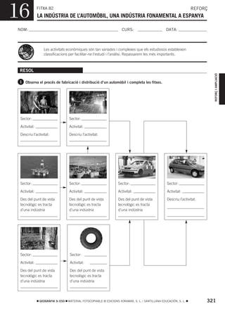 16            FITXA 82
              LA INDÚSTRIA DE L’AUTOMÒBIL, UNA INDÚSTRIA FONAMENTAL A ESPANYA
                                                                                                                   REFORÇ



NOM:                                                                 CURS:                        DATA:



                 Les activitats econòmiques són tan variades i complexes que els estudiosos estableixen
                 classificacions per facilitar-ne l’estudi i l’anàlisi. Repassarem les més importants.



 RESOL




                                                                                                                            REFORÇ I AMPLIACIÓ
 1 Observa el procés de fabricació i distribució d’un automòbil i completa les fitxes.




 Sector:                          Sector:

 Activitat:                       Activitat:

 Descriu l’activitat:             Descriu l’activitat:




 Sector:                          Sector:                         Sector:                          Sector:

 Activitat:                       Activitat:                      Activitat:                       Activitat:

 Des del punt de vista            Des del punt de vista           Des del punt de vista            Descriu l’activitat:
 tecnològic es tracta             tecnològic es tracta            tecnològic es tracta
 d’una indústria                  d’una indústria                 d’una indústria




 Sector:                           Sector:

 Activitat:                        Activitat:

 Des del punt de vista             Des del punt de vista
 tecnològic es tracta              tecnològic es tracta
 d’una indústria                   d’una indústria




               GEOGRAFIA 3r ESO   MATERIAL FOTOCOPIABLE © EDICIONS VORAMAR, S. L. / SANTILLANA EDUCACIÓN, S. L.           321
 