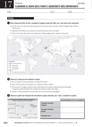 17                          FITXA 85
                            ELABORAR EL MAPA DELS PORTS I AEROPORTS MÉS IMPORTANTS
                                                                                                                                              REFORÇ



  NOM:                                                                                          CURS:                       DATA:


      RESOL

      1 Amb l’ajuda del llibre de text, completa el següent mapa del tràfic aeri i dels ports més importants.

               • Escriu-hi el nom dels principals nodes de comunicació aèria mundial. Utilitza bolígraf negre i lletres
                 minúscules.
               • Dibuixa-hi les fletxes que indiquen el sentit dels fluxos aeris principals.
               • Escriu-hi el nom dels ports més importants. Utilitza bolígraf blau i lletres minúscules.




                OCEÀ                                                    OCEÀ                                                                  OCEÀ
               PACÍFIC                                                ATLÀNTIC                                                              P AC ÍF IC



            AEROPORTS
                    Fluxos aeris principals                                                                    OCEÀ
                    Node mundial                                                                               ÍNDIC
                    Node principal
                    Node secundari
            PORTS
                    Ports del món més importants




      2 Observa el mapa que has elaborat i respon.
               • On es troben els principals ports i aeroports del món?
               • Com són les xarxes de transport aeri i portuari a Àfrica i Àsia?
               • Creus que hi ha alguna relació entre la densitat de les xarxes d’aquest tipus de transport
                 i el grau de desenvolupament? Justifica la resposta a partir del mapa.
               • Quines ciutats posseeixen els aeroports amb més trànsit de passatgers?

      3 Observa el gràfic del transport de mercaderies segons velocitat, pes i valor i completa el quadre.

               Formes de transport segons la velocitat,
                  el pes i el valor de la mercaderia                                                            Característiques de la mercaderia
                                                                                   Transport marítim
        Més de 1.000 t
                                                               Augment
                              Marítim
                             irregular    Marítim                de la velocitat   irregular
                                          regular                   de transport
            Menys de 20 t
      PES




                                                                                   Transport marítim
                                                               Aeri                regular
        Més de 100 kg
                                Baix                Mitjà                 Alt
                                              VALOR                                Transport aeri
                   Pes de la mercaderia                Valor de la mercaderia




324                          GEOGRAFIA 3r ESO               MATERIAL FOTOCOPIABLE © EDICIONS VORAMAR, S. L. / SANTILLANA EDUCACIÓN, S. L.
 