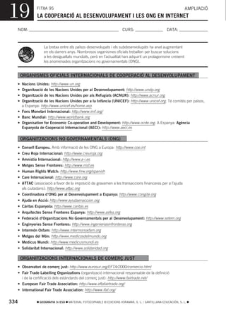 19               FITXA 95
                 LA COOPERACIÓ AL DESENVOLUPAMENT I LES ONG EN INTERNET
                                                                                                                  AMPLIACIÓ



  NOM:                                                                   CURS:                        DATA:



                      La bretxa entre els països desenvolupats i els subdesenvolupats ha anat augmentant
                      en els darrers anys. Nombrosos organismes oficials treballen per buscar solucions
                      a les desigualtats mundials, però en l’actualitat han adquirit un protagonisme creixent
                      les anomenades organitzacions no governamentals (ONG).


          ORGANISMES OFICIALS INTERNACIONALS DE COOPERACIÓ AL DESENVOLUPAMENT
      • Nacions Unides: http://www.un.org
      • Organització de les Nacions Unides per al Desenvolupament: http://www.undp.org
      • Organització de les Nacions Unides per als Refugiats (ACNUR): http://www.acnur.org
      • Organització de les Nacions Unides per a la Infància (UNICEF): http://www.unicef.org. Té comités per països,
        a Espanya: http://www.unicef.es/home.asp
      • Fons Monetari Internacional: http://www.imf.org/
      • Banc Mundial: http://www.worldbank.org
      • Organisation for Economic Co-operation and Development: http://www.ocde.org. A Espanya: Agència
        Espanyola de Cooperació Internacional (AECI): http://www.aeci.es

          ORGANITZACIONS NO GOVERNAMENTALS (ONG)
      • Consell Europeu. Amb informació de les ONG a Europa: http://www.coe.int
      • Creu Roja Internacional: http://www.creuroja.org
      • Amnistia Internacional: http://www.a-i.es
      • Metges Sense Fronteres: http://www.msf.es
      • Human Rights Watch: http://www.hrw.org/spanish
      • Care Internacional: http://www.care.org
      • ATTAC (associació a favor de la imposició de gravamen a les transaccions financeres per a l’ajuda
        als ciutadans): http://www.attac.org
      • Coordinadora d’ONG per al Desenvolupament a Espanya: http://www.congde.org
      • Ajuda en Acció: http://www.ayudaenaccion.org
      • Cáritas Espanyola: http://www.caritas.es
      • Arquitectes Sense Fronteres Espanya: http://www.asfes.org
      • Federació d’Organitzacions No Governamentals per al Desenvolupament: http://www.setem.org
      • Enginyeries Sense Fronteres: http://www.ingenieriasinfronteras.org
      • Intermón Oxfam: http://www.intermonoxfam.org
      • Metges del Món: http://www.medicosdelmundo.org
      • Medicus Mundi: http://www.medicusmundi.es
      • Solidaritat Internacional: http://www.solidaridad.org

          ORGANITZACIONS INTERNACIONALS DE COMERÇ JUST
      • Observatori de comerç just: http://www.eurosur.org/EFTA/2000/comercio.html
      • Fair Trade Labelling Organizations (organització internacional responsable de la definició
        i de la certificació dels estàndards del comerç just): http://www.fairtrade.net/
      • European Fair Trade Association: http://www.eftafairtrade.org/
      • International Fair Trade Association: http://www.ifat.org/


334                GEOGRAFIA 3r ESO   MATERIAL FOTOCOPIABLE © EDICIONS VORAMAR, S. L. / SANTILLANA EDUCACIÓN, S. L.
 