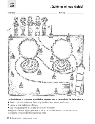 Nombre Fecha
Ficha
30 ¿Quién es el más rápido?
Los finalistas de la prueba de velocidad se preparan para la carrera final. Se da la salida y:
• Gloria corre más rápido que Salvador y que Eloy, pero menos que Tomás.
• Lorena le pisa los talones a Tomás.
• Eloy consigue superar a Salvador en el último momento.
Averigua el orden de llegada y escribe la inicial del nombre de cada uno de los chicos
en la casilla correspondiente del poste de meta.
■ Comprensión y razonamiento verbal
©2006SantillanaEducación,S.L.
34
806912 _ 0003-0040.qxd 24/10/05 12:36 Página 34
 
