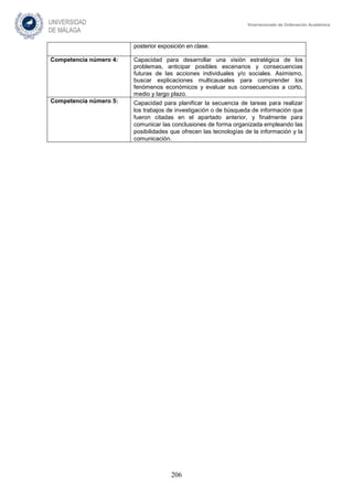 206
Vicerrectorado de Ordenación Académica
posterior exposición en clase.
Competencia número 4: Capacidad para desarrollar una visión estratégica de los
problemas, anticipar posibles escenarios y consecuencias
futuras de las acciones individuales y/o sociales. Asimismo,
buscar explicaciones multicausales para comprender los
fenómenos económicos y evaluar sus consecuencias a corto,
medio y largo plazo.
Competencia número 5: Capacidad para planificar la secuencia de tareas para realizar
los trabajos de investigación o de búsqueda de información que
fueron citadas en el apartado anterior, y finalmente para
comunicar las conclusiones de forma organizada empleando las
posibilidades que ofrecen las tecnologías de la información y la
comunicación.
 
