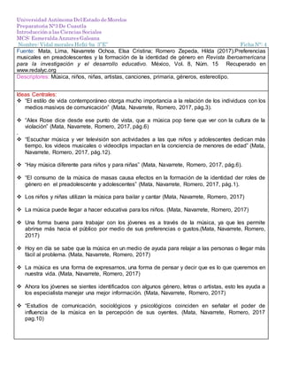 Universidad Autónoma Del Estado de Morelos
Preparatoria N°3 De Cuautla
Introducción a las Ciencias Sociales
MCS: Esmeralda Anzures Galeana
Nombre: Vidal morales Hefzi-ba 3”E” Ficha N°: 4
Fuente: Mata, Lima, Navarrete Ochoa, Elsa Cristina; Romero Zepeda, Hilda (2017).Preferencias
musicales en preadolescentes y la formación de la identidad de género en Revista Iberoamericana
para la investigación y el desarrollo educativo. México, Vol. 8, Núm. 15 Recuperado en
www.redalyc.org
Descriptores: Música, niños, niñas, artistas, canciones, primaria, géneros, estereotipo.
Ideas Centrales:
 “El estilo de vida contemporáneo otorga mucho importancia a la relación de los individuos con los
medios masivos de comunicación” (Mata, Navarrete, Romero, 2017, pág.3).
 “Alex Rose dice desde ese punto de vista, que a música pop tiene que ver con la cultura de la
violación” (Mata, Navarrete, Romero, 2017, pág.6)
.
 “Escuchar música y ver televisión son actividades a las que niños y adolescentes dedican más
tiempo, los videos musicales o videoclips impactan en la conciencia de menores de edad” (Mata,
Navarrete, Romero, 2017, pág.12).
 “Hay música diferente para niños y para niñas” (Mata, Navarrete, Romero, 2017, pág.6).
 “El consumo de la música de masas causa efectos en la formación de la identidad der roles de
género en el preadolescente y adolescentes” (Mata, Navarrete, Romero, 2017, pág.1).
 Los niños y niñas utilizan la música para bailar y cantar (Mata, Navarrete, Romero, 2017)
 La música puede llegar a hacer educativa para los niños. (Mata, Navarrete, Romero, 2017)
 Una forma buena para trabajar con los jóvenes es a través de la música, ya que les permite
abrirse más hacia el público por medio de sus preferencias o gustos.(Mata, Navarrete, Romero,
2017)
 Hoy en día se sabe que la música en un medio de ayuda para relajar a las personas o llegar más
fácil al problema. (Mata, Navarrete, Romero, 2017)
 La música es una forma de expresarnos, una forma de pensar y decir que es lo que queremos en
nuestra vida. (Mata, Navarrete, Romero, 2017)
 Ahora los jóvenes se sientes identificados con algunos género, letras o artistas, esto les ayuda a
los especialista manejar una mejor información. (Mata, Navarrete, Romero, 2017)
 “Estudios de comunicación, sociológicos y psicológicos coinciden en señalar el poder de
influencia de la música en la percepción de sus oyentes. (Mata, Navarrete, Romero, 2017
pag.10)
 