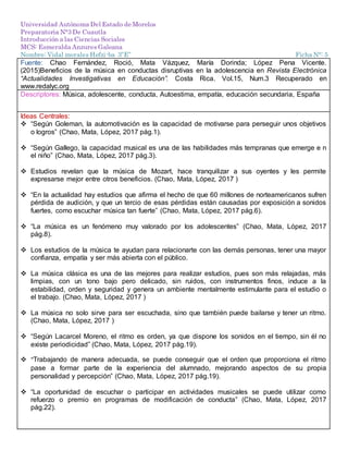 Universidad Autónoma Del Estado de Morelos
Preparatoria N°3 De Cuautla
Introducción a las Ciencias Sociales
MCS: Esmeralda Anzures Galeana
Nombre: Vidal morales Hefzi-ba 3”E” Ficha N°: 5
Fuente: Chao Fernández, Roció, Mata Vázquez, María Dorinda; López Pena Vicente.
(2015)Beneficios de la música en conductas disruptivas en la adolescencia en Revista Electrónica
“Actualidades Investigativas en Educación”. Costa Rica. Vol.15, Num.3 Recuperado en
www.redalyc.org
Descriptores: Música, adolescente, conducta, Autoestima, empatía, educación secundaria, España
Ideas Centrales:
 “Según Goleman, la automotivación es la capacidad de motivarse para perseguir unos objetivos
o logros” (Chao, Mata, López, 2017 pág.1).
 “Según Gallego, la capacidad musical es una de las habilidades más tempranas que emerge e n
el niño” (Chao, Mata, López, 2017 pág.3).
 Estudios revelan que la música de Mozart, hace tranquilizar a sus oyentes y les permite
expresarse mejor entre otros beneficios. (Chao, Mata, López, 2017 )
 “En la actualidad hay estudios que afirma el hecho de que 60 millones de norteamericanos sufren
pérdida de audición, y que un tercio de esas pérdidas están causadas por exposición a sonidos
fuertes, como escuchar música tan fuerte” (Chao, Mata, López, 2017 pág.6).
 “La música es un fenómeno muy valorado por los adolescentes” (Chao, Mata, López, 2017
pág.8).
 Los estudios de la música te ayudan para relacionarte con las demás personas, tener una mayor
confianza, empatía y ser más abierta con el público.
 La música clásica es una de las mejores para realizar estudios, pues son más relajadas, más
limpias, con un tono bajo pero delicado, sin ruidos, con instrumentos finos, induce a la
estabilidad, orden y seguridad y genera un ambiente mentalmente estimulante para el estudio o
el trabajo. (Chao, Mata, López, 2017 )
 La música no solo sirve para ser escuchada, sino que también puede bailarse y tener un ritmo.
(Chao, Mata, López, 2017 )
 “Según Lacarcel Moreno, el ritmo es orden, ya que dispone los sonidos en el tiempo, sin él no
existe periodicidad” (Chao, Mata, López, 2017 pág.19).
 “Trabajando de manera adecuada, se puede conseguir que el orden que proporciona el ritmo
pase a formar parte de la experiencia del alumnado, mejorando aspectos de su propia
personalidad y percepción” (Chao, Mata, López, 2017 pág.19).
 “La oportunidad de escuchar o participar en actividades musicales se puede utilizar como
refuerzo o premio en programas de modificación de conducta” (Chao, Mata, López, 2017
pág.22).
 