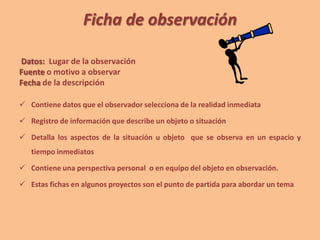 Ficha de observación
Datos: Lugar de la observación
Fuente o motivo a observar
Fecha de la descripción
 Contiene datos que el observador selecciona de la realidad inmediata
 Registro de información que describe un objeto o situación
 Detalla los aspectos de la situación u objeto que se observa en un espacio y
tiempo inmediatos
 Contiene una perspectiva personal o en equipo del objeto en observación.
 Estas fichas en algunos proyectos son el punto de partida para abordar un tema
 