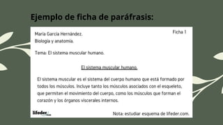 Ejemplo de ficha de paráfrasis:
 