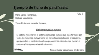 Ejemplo de ficha de paráfrasis:
 