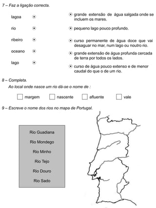 7 – Faz a ligação correcta.
rio ⊙
ribeiro ⊙
oceano ⊙
lago ⊙
lagoa ⊙
⊙ grande extensão de água salgada onde se
incluem os mares.
⊙ pequeno lago pouco profundo.
⊙ curso permanente de água doce que vai
desaguar no mar, num lago ou noutro rio.
⊙ grande extensão de água profunda cercada
de terra por todos os lados.
⊙ curso de água pouco extenso e de menor
caudal do que o de um rio.
8 – Completa.
Ao local onde nasce um rio dá-se o nome de :
margem nascente afluente vale
9 – Escreve o nome dos rios no mapa de Portugal.
Rio Guadiana
Rio Mondego
Rio Minho
Rio Tejo
Rio Douro
Rio Sado
 