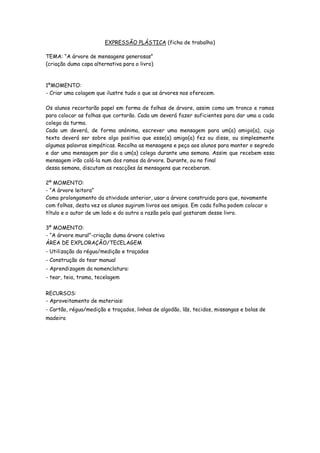 EXPRESSÃO PLÁSTICA (ficha de trabalho)

TEMA: “A árvore de mensagens generosas”
(criação duma capa alternativa para o livro)



1ºMOMENTO:
- Criar uma colagem que ilustre tudo o que as árvores nos oferecem.

Os alunos recortarão papel em forma de folhas de árvore, assim como um tronco e ramos
para colocar as folhas que cortarão. Cada um deverá fazer suficientes para dar uma a cada
colega da turma.
Cada um deverá, de forma anónima, escrever uma mensagem para um(a) amigo(a), cujo
texto deverá ser sobre algo positivo que esse(a) amigo(a) fez ou disse, ou simplesmente
algumas palavras simpáticas. Recolha as mensagens e peça aos alunos para manter o segredo
e dar uma mensagem por dia a um(a) colega durante uma semana. Assim que recebem essa
mensagem irão colá-la num dos ramos da árvore. Durante, ou no final
dessa semana, discutam as reacções às mensagens que receberam.

2º MOMENTO:
- “A árvore leitora”
Como prolongamento da atividade anterior, usar a árvore construida para que, novamente
com folhas, desta vez os alunos sugiram livros aos amigos. Em cada folha podem colocar o
título e o autor de um lado e do outro a razão pela qual gostaram desse livro.

3º MOMENTO:
- “A árvore mural”-criação duma árvore coletiva
ÁREA DE EXPLORAÇÃO/TECELAGEM
- Utilização da régua/medição e traçados
- Construção do tear manual
- Aprendizagem da nomenclatura:
- tear, teia, trama, tecelagem


RECURSOS:
- Aproveitamento de materiais:
- Cartão, régua/medição e traçados, linhas de algodão, lãs, tecidos, missangas e bolas de
madeira
 