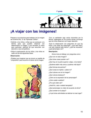 10
1° grado Ficha 3
¡A viajar con las imágenes!
Prepare a sus alumnos para trabajar con la imagen
de la lámina No. 37 de “Aprender a Mirar”.
Solicite a los niños y niñas que se acerquen a la
lámina para que puedan observar con
detenimiento la imagen y que levanten la mano
para participar, además de que escuchen con
atención a sus compañeros.
Dirija la participación de los niños y las niñas en
cada una de las siguientes fases:
Observación:
-Pídales que imaginen que se toman su pastilla de
“chiquitolina” para recorrer el interior de la imagen.
-Con un señalador siga varios recorridos por la
lámina; deténgase en los puntos donde convenga
que los niños observen con mayor atención.
-Guíe la observación con preguntas sin que los
niños y las niñas las respondan: ¿qué será ésto?
¿de qué material está hecho? ¿qué les recuerda?
¿qué personajes ven?
Descripción:
- Ahora inicie el diálogo con preguntas como:
¿Qué ven en esta imagen?
¿Qué otras cosas pueden ver?
¿Qué hay en la parte superior; abajo, a los lados?
¿Quiénes están más cerca y quiénes más lejos?
¿Qué formas encuentran?
¿Qué cosas se repiten, cuáles no?
¿Qué colores ven en la imagen?
¿Qué colores destacan?
¿Cómo es la expresión de los personajes?
¿Cómo están vestidos?
¿Por qué visten así?
¿Hará frío, calor o estará templado?
¿Qué personajes no visten de acuerdo al clima?
¿Qué venden en la playa?
¿A qué otras actividades se dedican en ese lugar?
 
