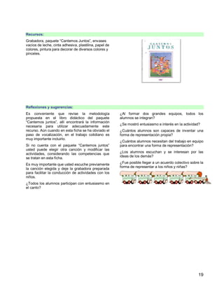 19
Recursos:
Grabadora, paquete “Cantemos Juntos”, envases
vacíos de leche, cinta adhesiva, plastilina, papel de
colores, pintura para decorar de diversos colores y
pinceles.
Reflexiones y sugerencias:
Es conveniente que revise la metodología
propuesta en el libro didáctico del paquete
“Cantemos juntos”, allí encontrará la información
necesaria para utilizar adecuadamente este
recurso. Aún cuando en esta ficha se ha obviado el
paso de vocalización, en el trabajo cotidiano es
muy importante incluirlo.
Si no cuenta con el paquete “Cantemos juntos”
usted puede elegir otra canción y modificar las
actividades, considerando las competencias que
se tratan en esta ficha.
Es muy importante que usted escuche previamente
la canción elegida y deje la grabadora preparada
para facilitar la conducción de actividades con los
niños.
¿Todos los alumnos participan con entusiasmo en
el canto?
¿Al formar dos grandes equipos, todos los
alumnos se integran?
¿Se mostró entusiasmo e interés en la actividad?
¿Cuántos alumnos son capaces de inventar una
forma de representación propia?
¿Cuántos alumnos necesitan del trabajo en equipo
para encontrar una forma de representación?
¿Los alumnos escuchan y se interesan por las
ideas de los demás?
¿Fue posible llegar a un acuerdo colectivo sobre la
forma de representar a los niños y niñas?
 