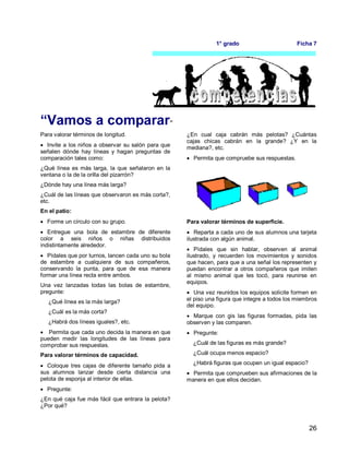26
1° grado Ficha 7
“Vamos a comparar”
Para valorar términos de longitud.
 Invite a los niños a observar su salón para que
señalen dónde hay líneas y hagan preguntas de
comparación tales como:
¿Qué línea es más larga, la que señalaron en la
ventana o la de la orilla del pizarrón?
¿Dónde hay una línea más larga?
¿Cuál de las líneas que observaron es más corta?,
etc.
En el patio:
 Forme un círculo con su grupo.
 Entregue una bola de estambre de diferente
color a seis niños o niñas distribuidos
indistintamente alrededor.
 Pídales que por turnos, lancen cada uno su bola
de estambre a cualquiera de sus compañeros,
conservando la punta, para que de esa manera
formar una línea recta entre ambos.
Una vez lanzadas todas las bolas de estambre,
pregunte:
¿Qué línea es la más larga?
¿Cuál es la más corta?
¿Habrá dos líneas iguales?, etc.
 Permita que cada uno decida la manera en que
pueden medir las longitudes de las líneas para
comprobar sus respuestas.
Para valorar términos de capacidad.
 Coloque tres cajas de diferente tamaño pida a
sus alumnos lanzar desde cierta distancia una
pelota de esponja al interior de ellas.
 Pregunte:
¿En qué caja fue más fácil que entrara la pelota?
¿Por qué?
¿En cual caja cabrán más pelotas? ¿Cuántas
cajas chicas cabrán en la grande? ¿Y en la
mediana?, etc.
 Permita que compruebe sus respuestas.
Para valorar términos de superficie.
 Reparta a cada uno de sus alumnos una tarjeta
ilustrada con algún animal.
 Pídales que sin hablar, observen al animal
ilustrado, y recuerden los movimientos y sonidos
que hacen, para que a una señal los representen y
puedan encontrar a otros compañeros que imiten
al mismo animal que les tocó, para reunirse en
equipos.
 Una vez reunidos los equipos solicite formen en
el piso una figura que integre a todos los miembros
del equipo.
 Marque con gis las figuras formadas, pida las
observen y las comparen.
 Pregunte:
¿Cuál de las figuras es más grande?
¿Cuál ocupa menos espacio?
¿Habrá figuras que ocupen un igual espacio?
 Permita que comprueben sus afirmaciones de la
manera en que ellos decidan.
 