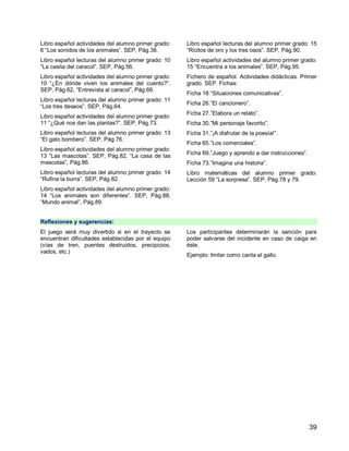 39
Libro español actividades del alumno primer grado:
6 “Los sonidos de los animales”. SEP, Pág.38.
Libro español lecturas del alumno primer grado: 10
“La casita del caracol”. SEP, Pág.56.
Libro español actividades del alumno primer grado:
10 “¿En dónde viven los animales del cuento?”.
SEP, Pág.62, “Entrevista al caracol”, Pág.66.
Libro español lecturas del alumno primer grado: 11
“Los tres deseos”. SEP, Pág.64.
Libro español actividades del alumno primer grado:
11 “¿Qué nos dan las plantas?”. SEP, Pág.73.
Libro español lecturas del alumno primer grado: 13
“El gato bombero”. SEP, Pág.76.
Libro español actividades del alumno primer grado:
13 “Las mascotas”. SEP, Pág.82, “La casa de las
mascotas”, Pág.86.
Libro español lecturas del alumno primer grado: 14
“Rufina la burra”. SEP, Pág.82.
Libro español actividades del alumno primer grado:
14 “Los animales son diferentes”. SEP, Pág.88,
“Mundo animal”, Pág.89.
Libro español lecturas del alumno primer grado: 15
“Ricitos de oro y los tres osos”. SEP, Pág.90.
Libro español actividades del alumno primer grado:
15 “Encuentra a los animales”. SEP, Pág.95.
Fichero de español. Actividades didácticas. Primer
grado. SEP. Fichas:
Ficha 18 “Situaciones comunicativas”.
Ficha 26.”El cancionero”.
Ficha 27.”Elabora un relato”.
Ficha 30.”Mi personaje favorito”.
Ficha 31.”¡A disfrutar de la poesía!”.
Ficha 65.”Los comerciales”.
Ficha 69.”Juego y aprendo a dar instrucciones”.
Ficha 73.”Imagina una historia”.
Libro matemáticas del alumno primer grado:
Lección 59 “La sorpresa”. SEP, Pág.78 y 79.
Reflexiones y sugerencias:
El juego será muy divertido si en el trayecto se
encuentran dificultades establecidas por el equipo
(vías de tren, puentes destruidos, precipicios,
vados, etc.)
Los participantes determinarán la sanción para
poder salvarse del incidente en caso de caiga en
éste.
Ejemplo: Imitar como canta el gallo.
 