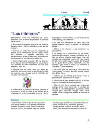 6
1° grado Ficha 2
“Los titiriteros”
Previamente reúna los materiales así como
diferentes tipos de títeres sugeridos en el apartado
de recursos.
 Promueva comentarios acerca de los diversos
tipos de títeres y de los materiales con los que se
realizan.
 Coloque al centro del aula los materiales y
títeres, con la intención de que las niñas y niños
los observen y exploren realizando un
reconocimiento de los diversos tipos de títeres que
se presentan: de hilo, de guante, varilla, etc.
 Podrá implementar el juego: “El rey ordena”.
Inicie el juego diciendo “Yo soy el rey y quiero que
me enseñen de estos materiales uno que sea
rasposo y duro, etc.
 Permita que los niños sean los reyes en
diferentes turnos para que tengan la oportunidad
de expresar sus deseos con la intención de
describir los materiales.
 Continuando la dinámica del juego, permita la
anticipación de las acciones y sus efectos en la
manipulación de los materiales. Enuncie: “No lo
hagan pero, si tomo una hoja y la aprieto con todas
mis fuerzas ¿Qué sucedería?”
 El Rey dice: realicemos un títere, pero qué
reglas debemos seguir y respetar si utilizamos
tijeras…
 Motive a los alumnos a que construyan su
propio títere.
 Al término de la construcción de los títeres,
promueva la discusión, diálogo, monólogo, etc. y
que los niños y niñas le vayan dando vida a su
creación con preguntas: ¿cómo es? ¿qué rasgos
tiene? ¿cómo viste? ¿qué me gusta de él? ¿qué
no me gusta de él? ¿cómo hablaría? ¿cómo se
movería? ¿es bueno o malo? ¿es simpático o
antipático? ¿cómo se llama?
 Proponga que una vez que el títere tenga su
“personalidad” inventen: domicilio, gustos, juegos
etc., de los títeres.
 Solicite que los títeres que deseen pasar a
presentarse a los demás así lo hagan.
 Ahora que el títere se relacione con el de otro
alumno, inventando su propio encuentro.
 Que el niño forme equipos para improvisar
diálogos entre varios títeres, con la consigna de
respetar el turno de la palabra. Que el niño forme
equipos para improvisar diálogos entre varios
títeres, con la consigna de respetar el turno de la
palabra.
Recursos:
Todo material acorde al tipo de títere que cada
niño desee construir. En lo general pueden ser:
envases de plástico, cajas, cartón, unicel, hule
espuma, corcho, corcholatas, esponjas, zacate,
cuerdas, papel de todo tipo, envolturas, bolsas de
papel, retazos de tela, calcetines, ganchos,
pinzas, cepillos, cucharas de madera, tubos,
tijeras, hilo, pegamento, engrapadora, clips, etc.
 