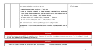 Referencias
• Cuentos Asombrosos Infantiles. (2023, 28 mayo). Los Límites Corporales Me Hacen Más Fuerte @cuentosasombrososinfantiles Para Dormir Español [Vídeo].
YouTube. https://www.youtube.com/watch?v=TqxUuHabJhg
Recursos
- Video: “Los Límites Corporales Me Hacen Más Fuerte” (8:53 minutos). - Actividad en el patio de la escuela.
39
Uno de ellos copiará los movimientos del otro.
- Está prohibido tocar a su compañero o a algún otro.
- Antes de comenzar, la maestra (o) puede indicarle a la alumna (o) que actúe como
algún animal, realice alguna muestra antes de comenzar, lo que hace en alguna hora del
día, algo que le haya sucedido, o tema libre a su elección.
- El tiempo en que actúa el primer alumno puede ser de 5 a 10 minutos.
- Pueden moverse en el espacio en el que estén, sin tocar a nadie.
d. Al terminar el tiempo, el alumno que fue espejo, ahora será quien actúe.
e. Reflexionar el juego y lo que sintieron al conocer su espacio corporal y respetar el de los
demás.
Juego del espejo
Reflexión grupal
en parejas.
Actividad en el patio
de la escuela.
 