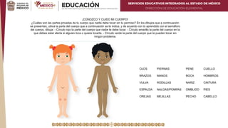 SERVICIOS EDUCATIVOS INTEGRADOS AL ESTADO DE MÉXICO
DIRECCIÓN DE EDUCACIÓN ELEMENTAL
¡CONOZCO Y CUIDO MI CUERPO!
¿Cuáles son las partes privadas de tu cuerpo que nadie debe tocar sin tu permiso? En los dibujos que a continuación
se presentan, ubica la parte del cuerpo que a continuación se te indica, y de acuerdo con lo aprendido con el semáforo
del cuerpo, dibuja: - Círculo rojo la parte del cuerpo que nadie te debe tocar. - Círculo amarillo la parte del cuerpo en la
que debes estar alerta si alguien toca o quiere tocarte. - Círculo verde la parte del cuerpo que te pueden tocar sin
ningún problema.
OJOS PIERNAS PENE CUELLO
BRAZOS MANOS BOCA HOMBROS
VULVA RODILLAS NARIZ CINTURA
ESPALDA NALGAS/POMPAS OMBLIGO PIES
OREJAS MEJILLAS PECHO CABELLO
 