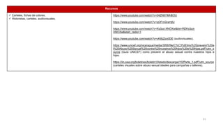Recursos
✓ Carteles, fichas de colores.
✓ Historietas, carteles, audiovisuales.
https://www.youtube.com/watch?v=04ZN6YMhBOU
https://www.youtube.com/watch?v=qOFmGraHjtU
https://www.youtube.com/watch?v=Ks3zd-XNOXw&list=RDKs3zd-
XNOXw&start_radio=1
https://www.youtube.com/watch?v=vKt6jZpo0DE (audiovisuales).
https://www.unicef.org/nicaragua/media/3956/file/C%C3%B3mo%20prevenir%20e
l%20Abuso%20Sexual%20contra%20nuestros%20hijos%20e%20hijas.pdf?utm_s
ource (Guía UNICEF) como prevenir el abuso sexual contra nuestros hijos e
hijas.
https://iin.oea.org/boletines/boletin1/listado/descargar/10/Parte_1.pdf?utm_source
(carteles visuales sobre abuso sexual ideales para campañas o talleres).
51
 
