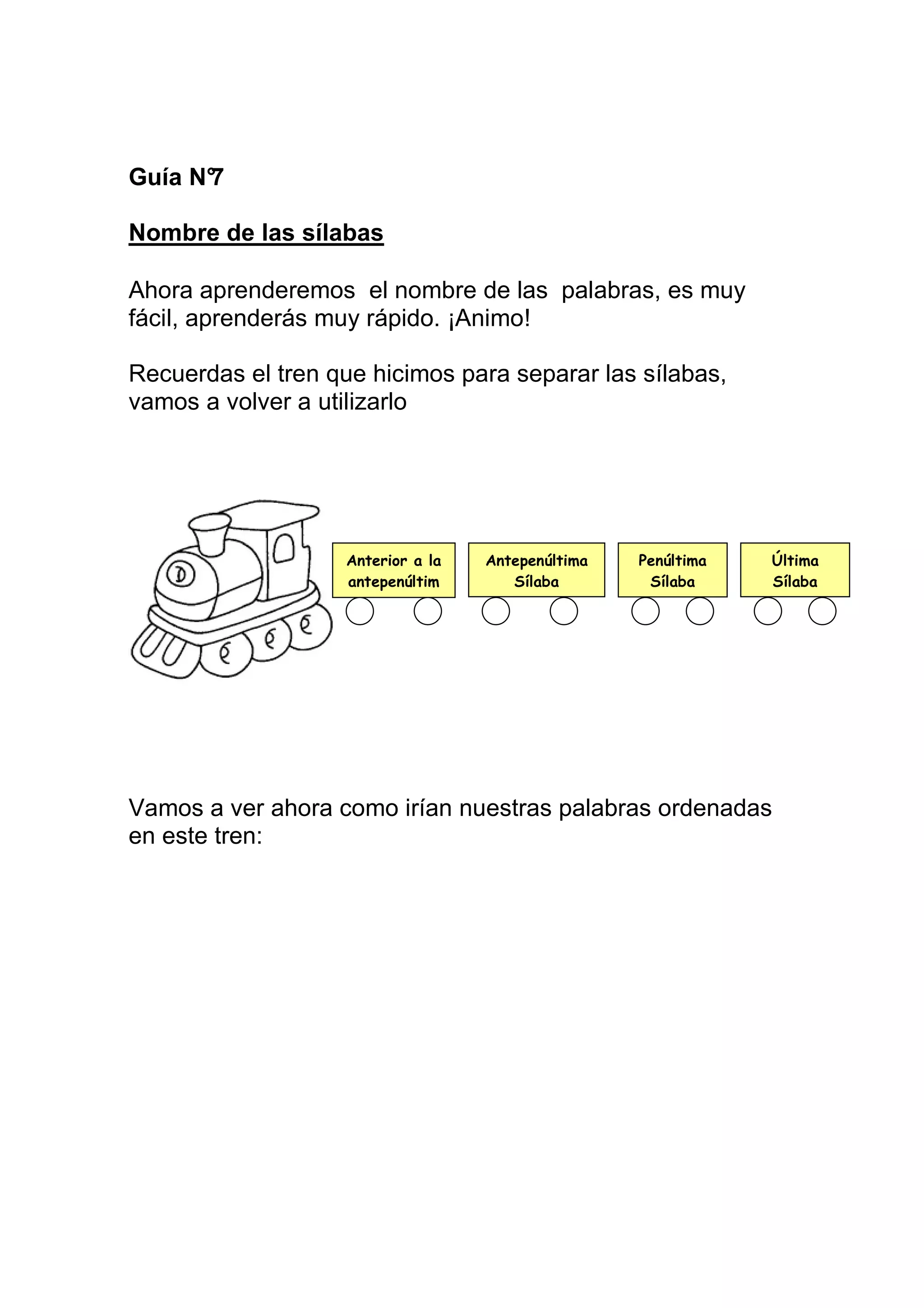 Guía N°
      7

Nombre de las sílabas

Ahora aprenderemos el nombre de las palabras, es muy
fácil, aprenderás muy rápido. ¡Animo!

Recuerdas el tren que hicimos para separar las sílabas,
vamos a volver a utilizarlo




                    Anterior a la   Antepenúltima   Penúltima   Última
                    antepenúltim       Sílaba        Sílaba     Sílaba
                         a




Vamos a ver ahora como irían nuestras palabras ordenadas
en este tren:
 