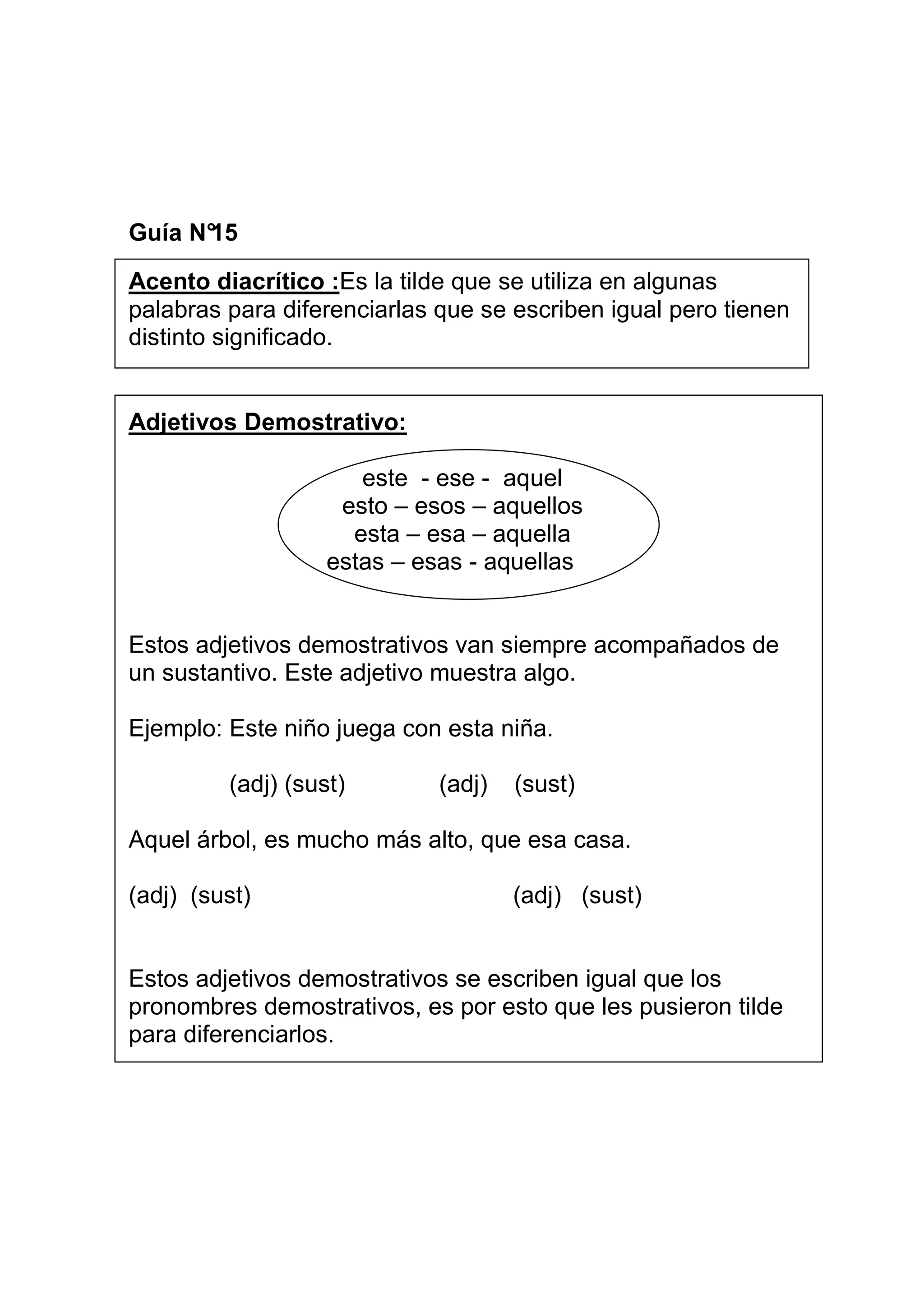 Guía N°
      15

Acento diacrítico :Es la tilde que se utiliza en algunas
palabras para diferenciarlas que se escriben igual pero tienen
distinto significado.


Adjetivos Demostrativo:

                      este - ese - aquel
                    esto – esos – aquellos
                     esta – esa – aquella
                   estas – esas - aquellas


Estos adjetivos demostrativos van siempre acompañados de
un sustantivo. Este adjetivo muestra algo.

Ejemplo: Este niño juega con esta niña.

         (adj) (sust)        (adj)   (sust)

Aquel árbol, es mucho más alto, que esa casa.

(adj) (sust)                         (adj) (sust)


Estos adjetivos demostrativos se escriben igual que los
pronombres demostrativos, es por esto que les pusieron tilde
para diferenciarlos.
 