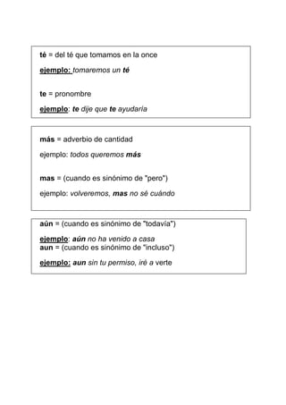té = del té que tomamos en la once
ejemplo: tomaremos un té
te = pronombre
ejemplo: te dije que te ayudaría

más = adverbio de cantidad
ejemplo: todos queremos más
mas = (cuando es sinónimo de "pero")
ejemplo: volveremos, mas no sé cuándo

aún = (cuando es sinónimo de "todavía")
ejemplo: aún no ha venido a casa
aun = (cuando es sinónimo de "incluso")
ejemplo: aun sin tu permiso, iré a verte

 