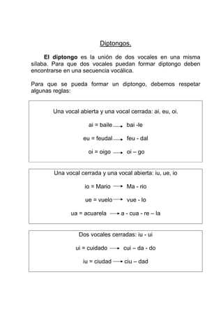 Diptongos.

     El diptongo es la unión de dos vocales en una misma
sílaba. Para que dos vocales puedan formar diptongo deben
encontrarse en una secuencia vocálica.

Para que se pueda formar un diptongo, debemos respetar
algunas reglas:


       Una vocal abierta y una vocal cerrada: ai, eu, oi.

                     ai = baile     bai -le

                   eu = feudal      feu - dal

                     oi = oigo      oi – go


       Una vocal cerrada y una vocal abierta: iu, ue, io

                   io = Mario       Ma - rio

                   ue = vuelo       vue - lo

              ua = acuarela       a - cua - re – la


                 Dos vocales cerradas: iu - ui

               ui = cuidado        cui – da - do

                  iu = ciudad      ciu – dad
 