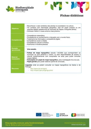Objetivos
- Reconhecer o valor simbólico das plantas na sociedade e na cultura.
- Ter contacto com informação geográfica, seja em papel (mapas) ou em
suportes digitais (plataformas de visionado de mapas e fotografia aérea).
- Conhecer melhor o nosso entorno mais próximo.
Competencias
- Competência matemática.
- Competência no conhecimento e interação com o mundo físico.
- Tratamento da informação e competência digital.
- Competência social e cidadã.
- Competência cultural e artística.
- Autonomia e iniciativa pessoal.
Duração
aproximada
Uma sessão.
Material
necessário
- Folhas de mapa topográfico (escala 1:25.000) que correspondam ao
município ao qual pertence o centro, ou bem disponibilidade de acesso à
internet (preferivelmente com computador de aula) para poder consultar
mapas digitais.
- Fotocópias em papel do mapa topográfico, para investigação fora da aula.
- Papel grande para poder elaborar painel de conclusão.
Recursos
Ligações onde se podem consultar os mapas topográficos da Galiza e de
Portugal
- http://signa.ign.es/signa/
- http://mapas.igeo.pt/igp/igp.phtml
 