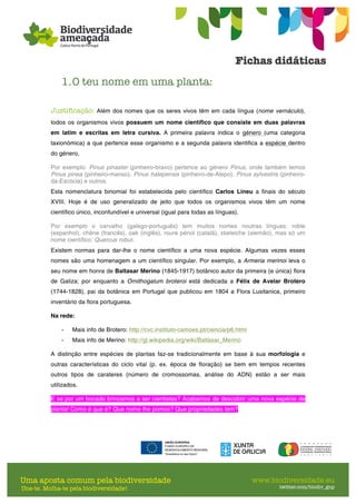 1.O teu nome em uma planta:
Justificação: Além dos nomes que os seres vivos têm em cada língua (nome vernáculo),
todos os organismos vivos possuem um nome científico que consiste em duas palavras
em latim e escritas em letra cursiva. A primeira palavra indica o género (uma categoria
taxionómica) a que pertence esse organismo e a segunda palavra identifica a espécie dentro
do género.
Por exemplo: Pinus pinaster (pinheiro-bravo) pertence ao género Pinus, onde também temos
Pinus pinea (pinheiro-manso), Pinus halepensis (pinheiro-de-Alepo), Pinus sylvestris (pinheiro-
da-Escócia) e outros.
Esta nomenclatura binomial foi estabelecida pelo científico Carlos Lineu a finais do século
XVIII. Hoje é de uso generalizado de jeito que todos os organismos vivos têm um nome
científico único, inconfundível e universal (igual para todas as línguas).
Por exemplo o carvalho (galego-português) tem muitos nomes noutras línguas: roble
(espanhol), chêne (francês), oak (inglês), roure pènol (catalã), stieleiche (alemão), mas só um
nome científico: Quercus robur.
Existem normas para dar-lhe o nome científico a uma nova espécie. Algumas vezes esses
nomes são uma homenagem a um científico singular. Por exemplo, a Armeria merinoi leva o
seu nome em honra de Baltasar Merino (1845-1917) botânico autor da primeira (e única) flora
de Galiza; por enquanto a Ornithogalum broteroi está dedicada a Félix de Avelar Brotero
(1744-1828), pai da botânica em Portugal que publicou em 1804 a Flora Lusitanica, primeiro
inventário da flora portuguesa.
Na rede:
- Mais info de Brotero: http://cvc.instituto-camoes.pt/ciencia/p6.html
- Mais info de Merino: http://gl.wikipedia.org/wiki/Baltasar_Merino
A distinção entre espécies de plantas faz-se tradicionalmente em base à sua morfologia e
outras características do ciclo vital (p. ex. época de floração) se bem em tempos recentes
outros tipos de carateres (número de cromossomas, análise do ADN) estão a ser mais
utilizados.
E se por um bocado brincamos a ser cientistas? Acabamos de descobrir uma nova espécie de
planta! Como é que é? Que nome lhe pomos? Que propriedades tem?
 
