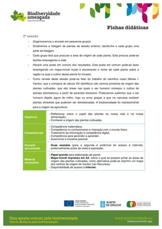 2ª sessão
- Organizaremos o alunado em pequenos grupos.
- Dividiremos a listagem de plantas da sessão anterior, dando-lhe a cada grupo uma
parte da listagem.
- Cada grupo terá que procurar a área de origem de cada planta. Esta procura pode-se
facilitar empregando a rede.
- Haverá uma posta em comum dos resultados. Esta posta em comum pode-se fazer
empregando um mapa-múndi mudo e escrevendo o nome de cada planta sobre a
região na qual o cultivo dessa planta foi iniciado.
- Como remate desta sessão pode-se falar do trabalho do científico russo Nikolai I.
Vavilov, que a começos do século XX identificou oito centros primários de origem das
plantas cultivadas, que são áreas nas quais o ser humano começou o cultivo de
plantas (domesticou) a partir de parentes silvestres. Poderíamos sublinhar que o ser
humano dispõe agora de milho, trigo ou arroz graças a que na natureza existiam
plantas silvestres que puderam ser domesticadas. A biodiversidade foi imprescindível
para a origem da agricultura.
Objetivos
- Reflexionar sobre o papel das plantas na nossa vida e na nossa
alimentação.
- Conhecer a origem das plantas cultivadas.
Competencias
- Competência matemática.
- Competência no conhecimento e interação com o mundo físico.
- Tratamento da informação e competência digital.
- Competência para aprender a aprender.
- Autonomia e iniciativa pessoal.
Duração
aproximada
Duas sessões (para a segunda é preferível ter acesso à Internet),
preferivelmente antes da visita à exposição.
Material
necessário
- Papel grande para elaboração de painel.
- Mapa-múndi impresso em A3, sobre o qual se possam pintar as áreas de
origem das plantas cultivadas; como alternativa pode-se imprimir um mapa
dos centros de origem de Vavilov (ver Recursos).
- Disponibilidade de acesso à Internet.
 