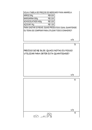 VEJA A TABELA DE PREÇOS DO MERCADO FAIXA AMARELA:
ARROZ 5Kg                R$ 6,00
MARGARINA 500g           R$ 2,00
ACHOCOLATADO 400g        R$ 3,00
AÇÚCAR 1Kg               R$ 1,00
PARA GASTAR 20 REAIS, QUAIS PRODUTOS E QUAL QUANTIDADE
EU TERIA DE COMPRAR PARA UTILIZAR TODO O DINHEIRO?



                                                v/s

                                                      5


PRECISO DE R$ 56,00. QUAIS NOTAS EU POSSO
UTILIZAR PARA OBTER ESTA QUANTIDADE?




                                                v/s

                                                      6




                                                v/s
                                                      4
 
