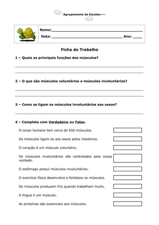 Agrupamento de Escolas----
Nome:________________________________________
Data: _______________________________ Ano: ____
Ficha de Trabalho
1 – Quais as principais funções dos músculos?
_______________________________________________________________
_______________________________________________________________
2 – O que são músculos voluntários e músculos involuntários?
_______________________________________________________________
_______________________________________________________________
3 – Como se ligam os músculos involuntários aos ossos?
_______________________________________________________________
4 – Completa com Verdadeiro ou Falso.
O corpo humano tem cerca de 650 músculos.
Os músculos ligam-se aos ossos pelos intestinos.
O coração é um músculo voluntário.
Os músculos involuntários são controlados pela nossa
vontade.
O estômago possui músculos involuntários.
O exercício físico desenvolve e fortalece os músculos.
Os músculos produzem frio quando trabalham muito.
A língua é um músculo.
As proteínas são essenciais aos músculos.
 
