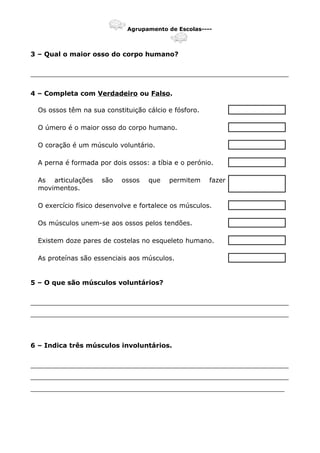 Agrupamento de Escolas----
3 – Qual o maior osso do corpo humano?
_______________________________________________________________
4 – Completa com Verdadeiro ou Falso.
Os ossos têm na sua constituição cálcio e fósforo.
O úmero é o maior osso do corpo humano.
O coração é um músculo voluntário.
A perna é formada por dois ossos: a tíbia e o perónio.
As articulações são ossos que permitem fazer
movimentos.
O exercício físico desenvolve e fortalece os músculos.
Os músculos unem-se aos ossos pelos tendões.
Existem doze pares de costelas no esqueleto humano.
As proteínas são essenciais aos músculos.
5 – O que são músculos voluntários?
_______________________________________________________________
_______________________________________________________________
6 – Indica três músculos involuntários.
_______________________________________________________________
_______________________________________________________________
______________________________________________________________
 