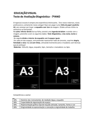 EDUCAÇÃOVISUAL
Teste de Avaliação Diagnóstica - 7ºANO
O regresso à escola é sempre uma experiência interessante… Tens novos materiais, novos
professores e, certamente novos colegas! Hoje vais pegar numa folha de papel cavalinho
A3, vais começar por traçar a esquadria com 1cm de margem. (Podes utilizar a folha na
vertical ou na horizontal).
No canto inferior direito da tua folha, constrói uma legenda de 6x3cm e acordo com a
imagem, preenche-a com os seguintes dados: Teste Diagnóstico, o teu nome, turma e
número.
De seguida divide o interior da esquadria em 3 espaços iguais.
Em cada um dos espaços, sem pretender representar nada de concreto, exprime alegria,
felicidade e raiva mas só com linhas, utilizando livremente cores e riscadores com técnicas
que já conheças!
Materiais: folha A3, régua, esquadro, lápis , borracha e marcadores ou lápis.
Competências a avaliar:
10% Domínio dos instrumentos de medição régua, esquadro
30% Capacidade de organização do espaço
30% Representação gráfica-tipo de traçado utilizado, tamanho, forma e cor
30% Originalidade na apresentação e conceção e originalidade do trabalho
C
a
p
a
c
i
d
a
d
e
 